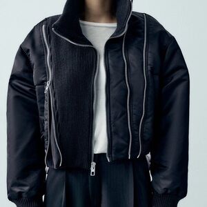 NWT!! ZARA NAVY PINSTRIPE COMBINED BOMBER JACKET MULTI ZIP PADDED S